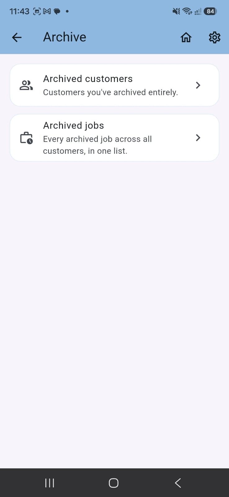 Job Wizard archive screen with archived customers and jobs
