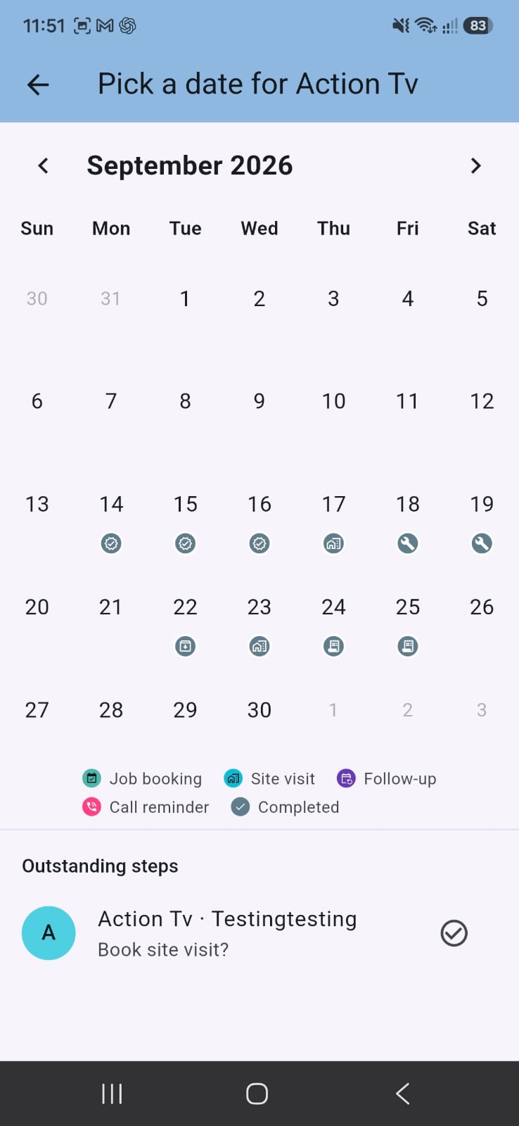 Job Wizard Action TV calendar with job bookings, site visits and follow-ups